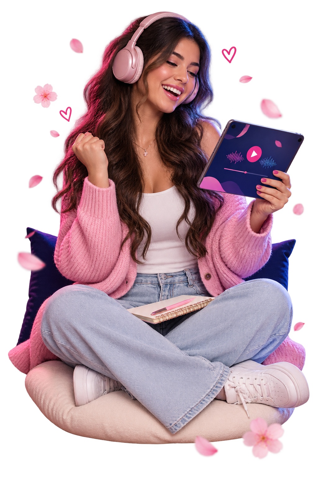 Dorameira feliz estudando coreano pelo tablet com fones de ouvido