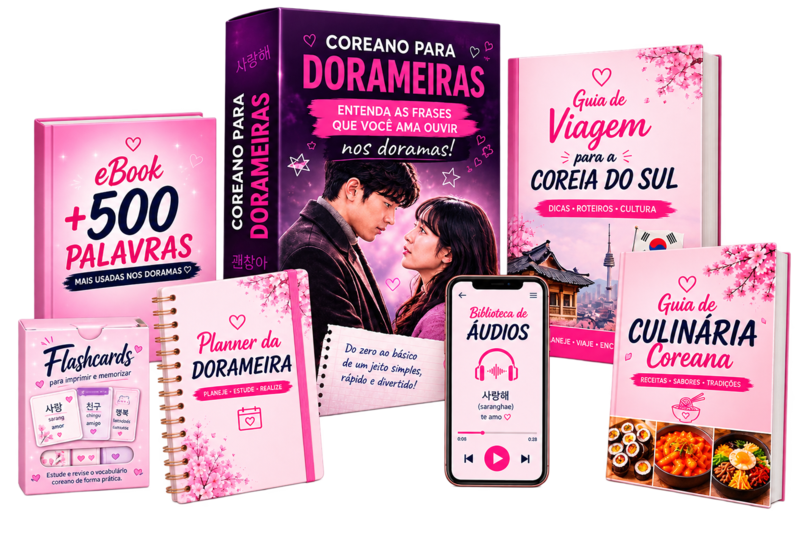 Kit completo Coreano para Dorameiras com curso, guias, planner e biblioteca de áudios